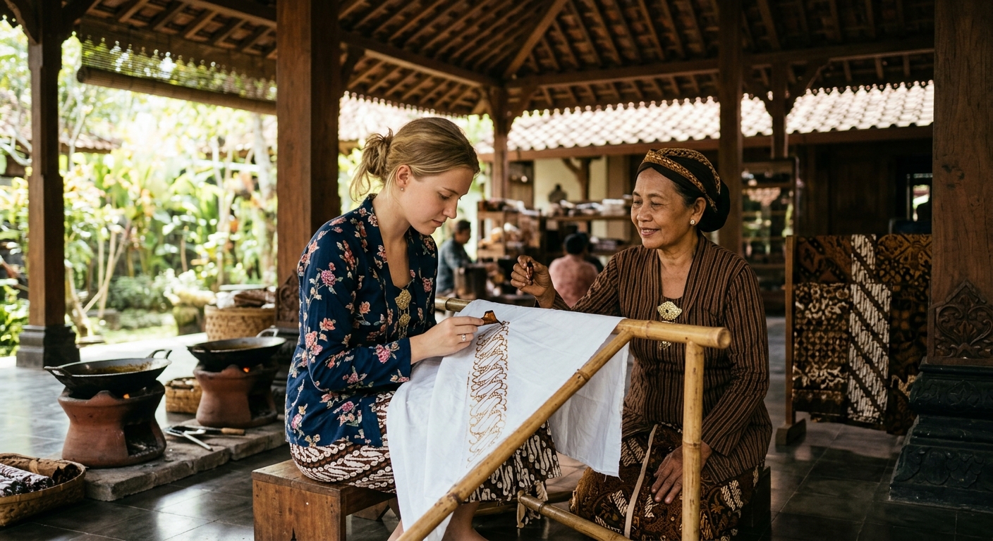 Indie film snapshot: A young European woman wearing a traditional Javanese kebaya learning to draw batik patterns on stretched cloth inside a Javanese pendopo pavilion, guided gently by a smiling Javanese elderly woman.