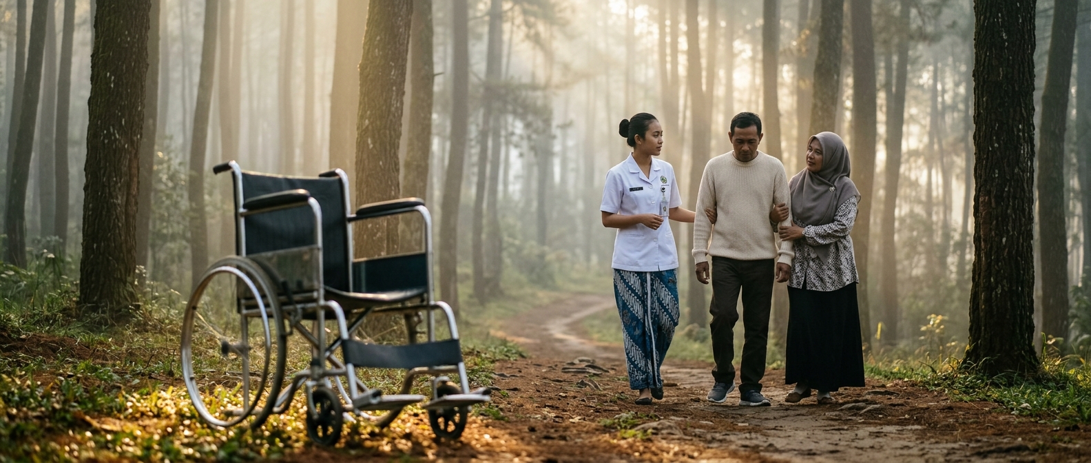 Indie film snapshot: A beautiful young Javanese female therapist in a white medical shirt and batik trousers walking deep into a foggy pine forest with a middle-aged companion and his supportive wife, with an empty wheelchair placed in the foreground as a symbol of gradual healing