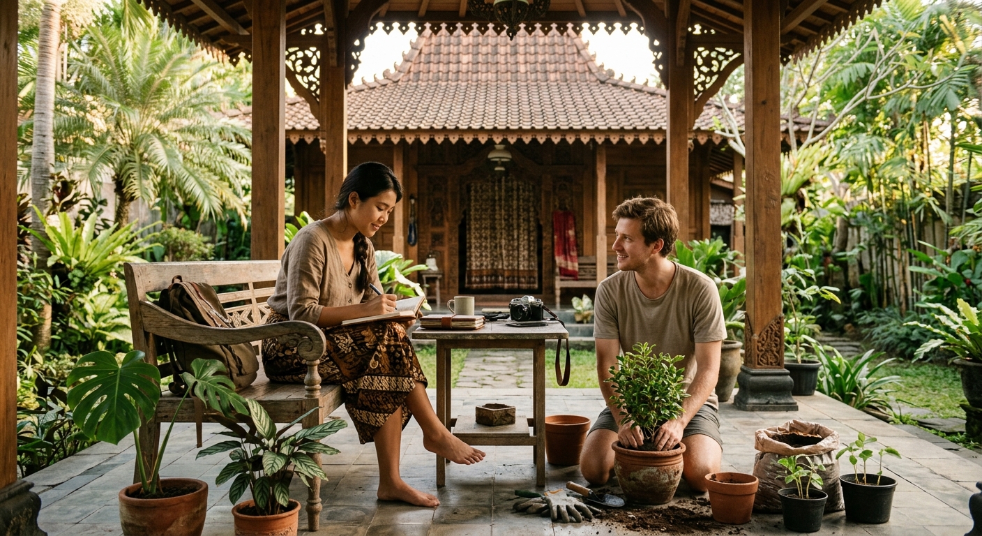 Indie film cut: Two companions matching wardobe (earthy sweaters and linen oversized hoodies) sitting on rustic pendopo boards with their backs leaning to old wooden columns. Simple warm clay mugs in hand, staring into the misty fields, enjoying silent companionship.