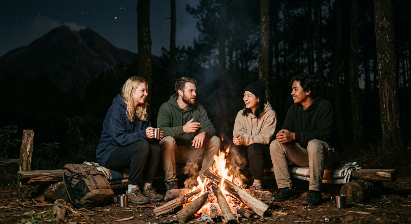 Indie film close up: crackling campfire log embers glowing with raw orange tone, surrounded by thick dark pine tree shadows and rolling grey evening fog. A single person in thick wool socks and oversized sweater sits on timber log with a steaming tea mug in hands.