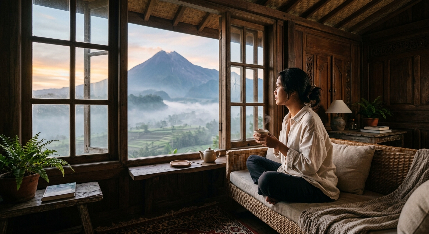 Indie film close up: rustic morning breakfast inside wood cabin with vintage coffee plunger and white ceramic teacup venting soft hot steam. Soft focus window showing early sunrise orange glow over wet pine tree branches wrapped in mist.