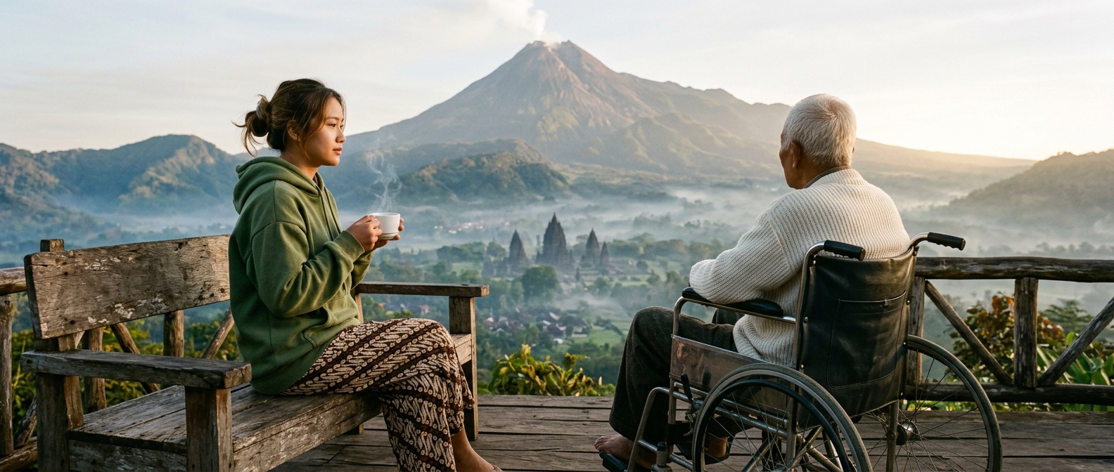 Indie film cut: Sunrise in rural Yogyakarta near Mount Merapi with clean-skinned elderly man in white warm sweater in wheelchair and woman in hoodie with batik trousers watching together